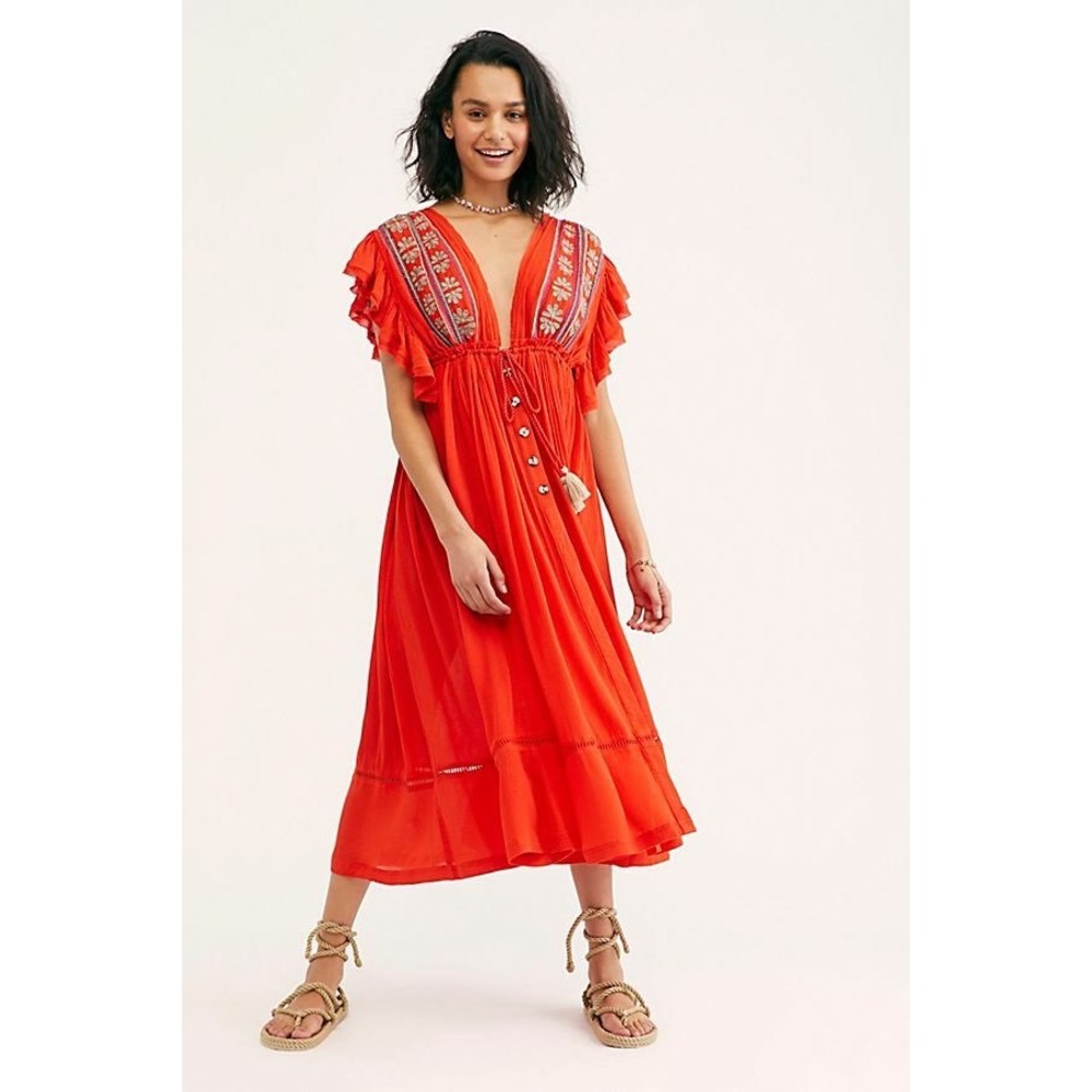 Free People Bali Will Wait Forโ You Midi embroidered dress Size XS boho tassel